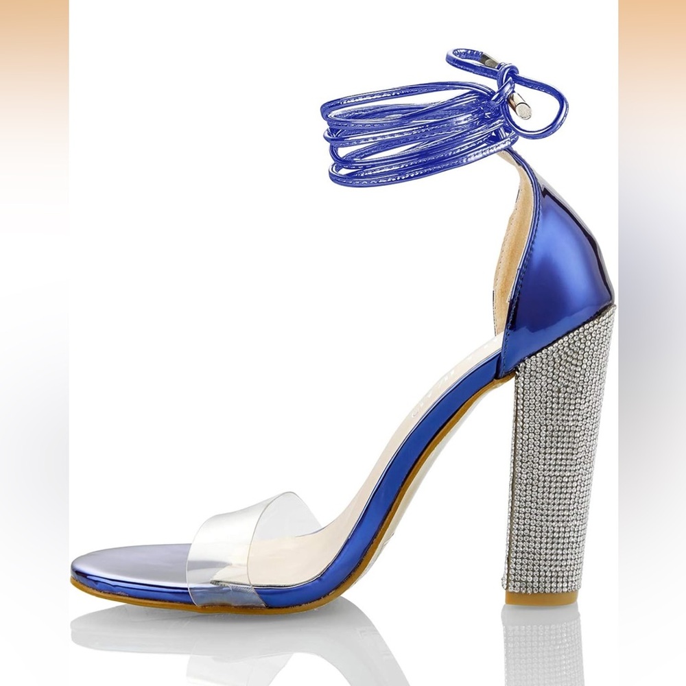 Womens Heels Blue 7.5 Strappy Rhinestone High Heel Sandals for Women Ankle Clear